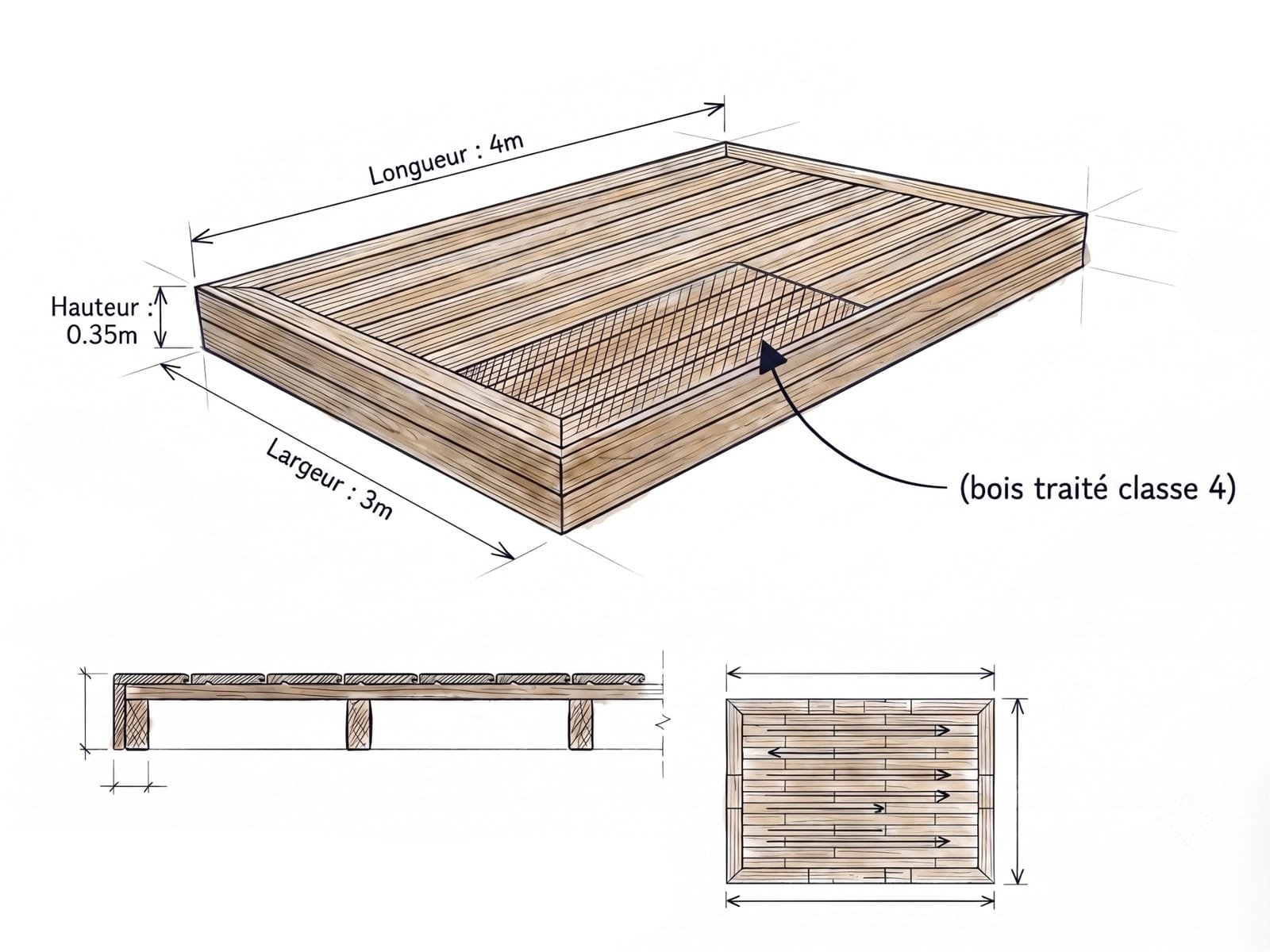 Plan technique de la terrasse : dimensions et structure bois